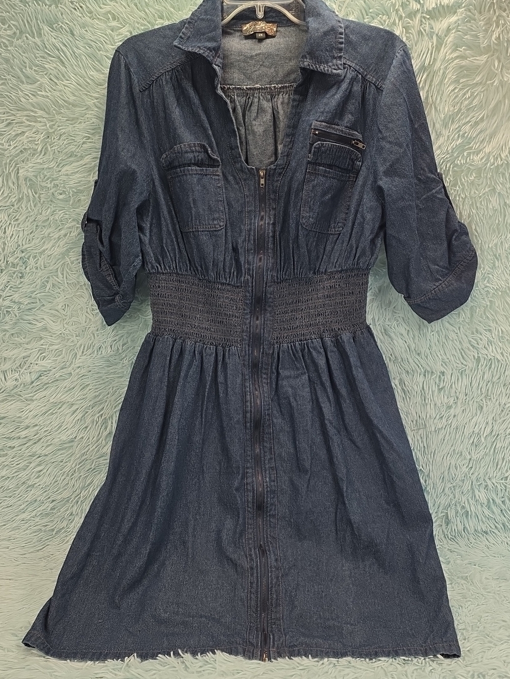 J. Lee Dark Denim Utility Dress Smocked Waist Zip Front Size 2X